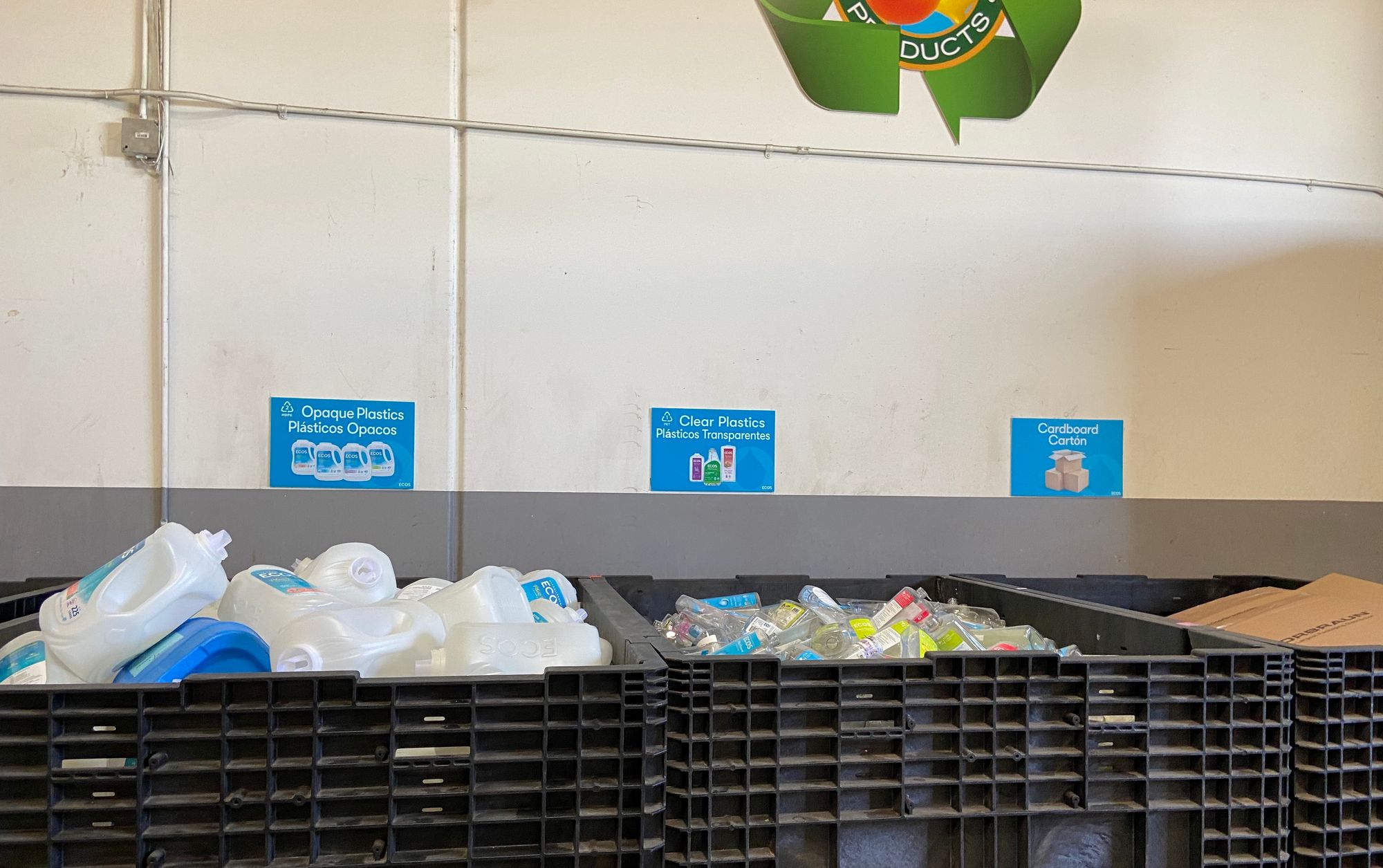 Recycling bins at Ecos separated with separate bins for opaque plastics, clear plastics and cardboard cartons