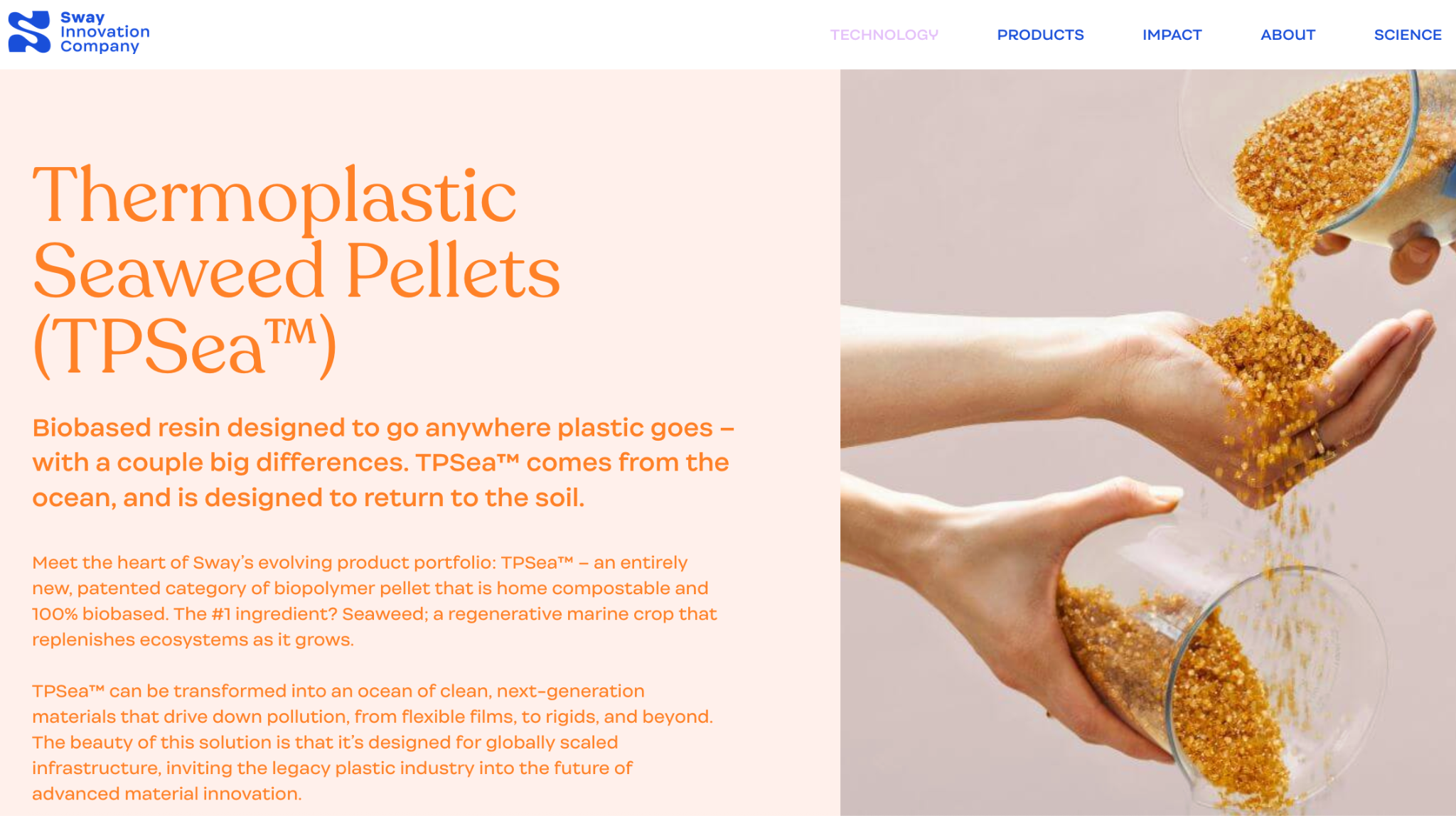 A screenshot explaining Sway's Thermoplastic Seaweed Pellets