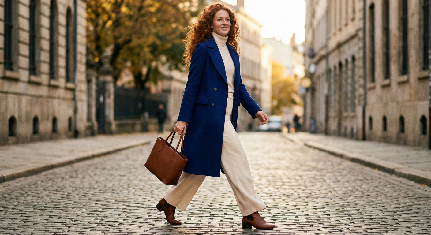 A woman walking away from the camera, wearing a perfectly styled minimalist outfit (dark royal blue long coat, brown leather bag with brown shoes, camel turtle neck and camel pants), exuding confidence with great posture.