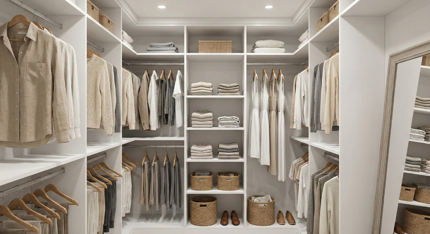 A beautifully organized closet with a curated collection of neutral-toned clothing neatly hung and folded.