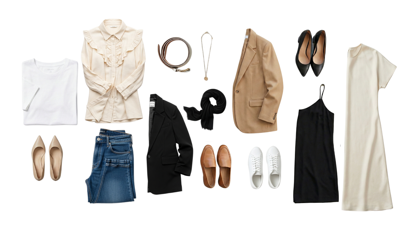 Flat lay of minimalist wardrobe essentials artfully arranged: a white t-shirt, well-fitted jeans, a classic blazer, simple black dress, a belt, a necklace, a black scarf, a black tank, and versatile shoes.