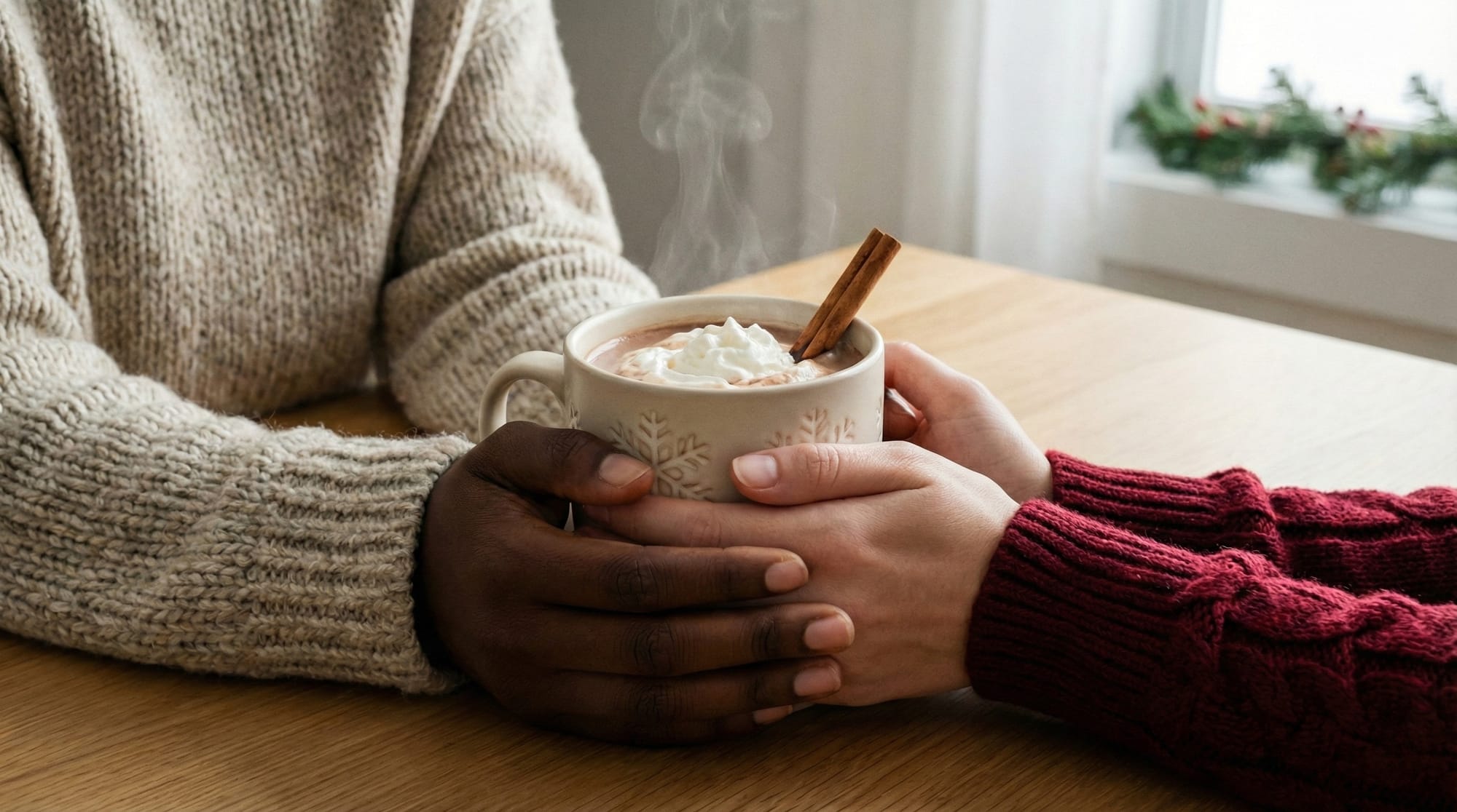 Close-up of man's and a woman's hands holding the same holiday mug