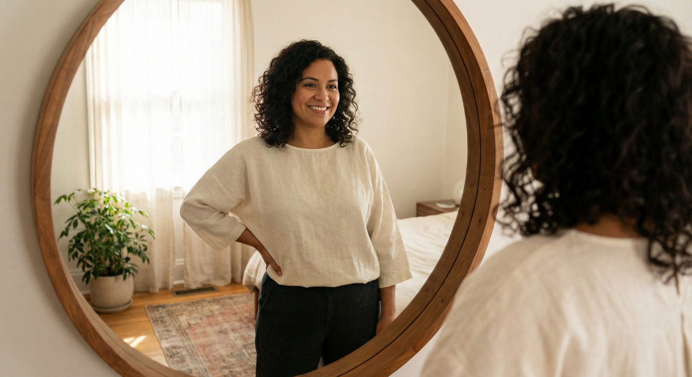 A single Latina woman, standing confidently in front of a mirror, wearing a simple minimalist outfit, smiling at her reflection.