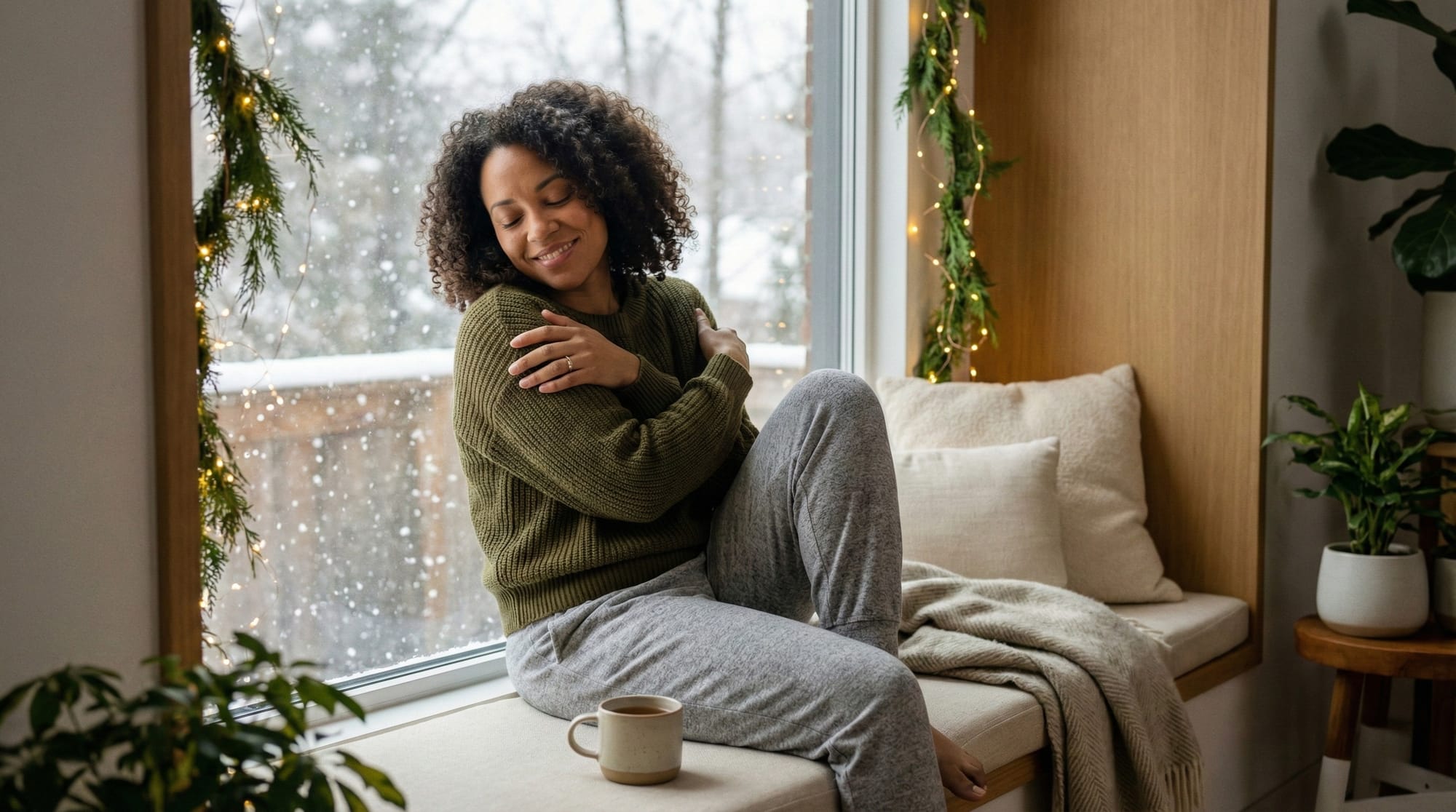 A Black Woman hugging herself or in peaceful pose