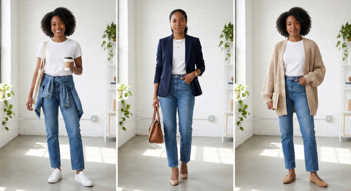 A creative visual showing one Black woman wearing the same basic pieces (white tee and jeans) styled three different ways side-by-side: casual with sneakers, polished with blazer and heels, and cozy with cardigan and flats.