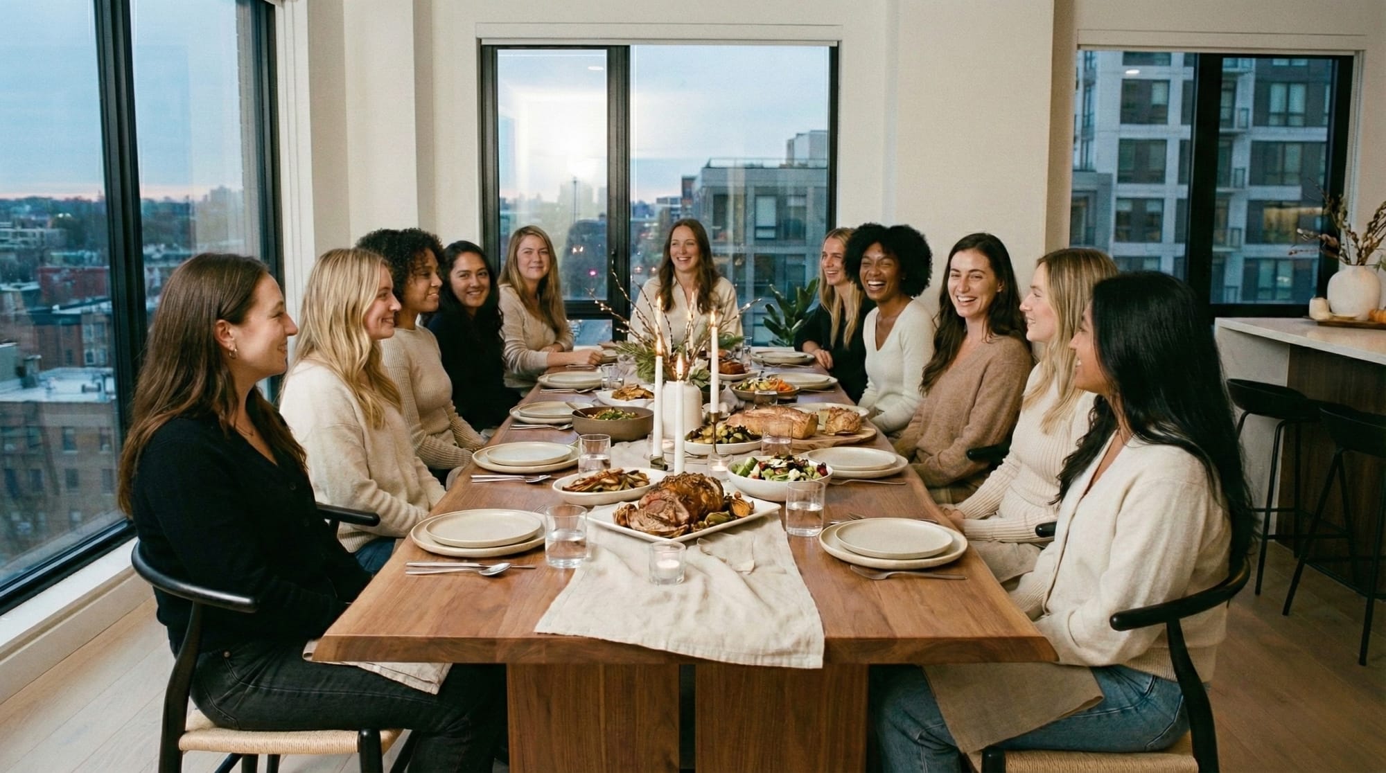 Diverse group of young women laughing around dinner table