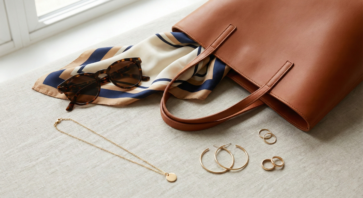 Close-up or flat lay of minimalist accessories: simple gold or silver jewelry, a structured leather bag, a silk scarf, and classic sunglasses arranged beautifully.