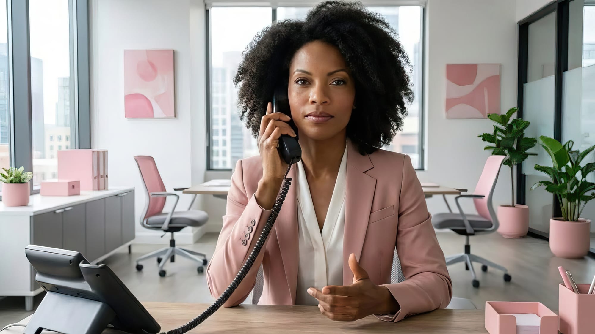 A black women talking on a phone, conveying confidence and clarity - someone who is respectfully but clearly setting a boundary.