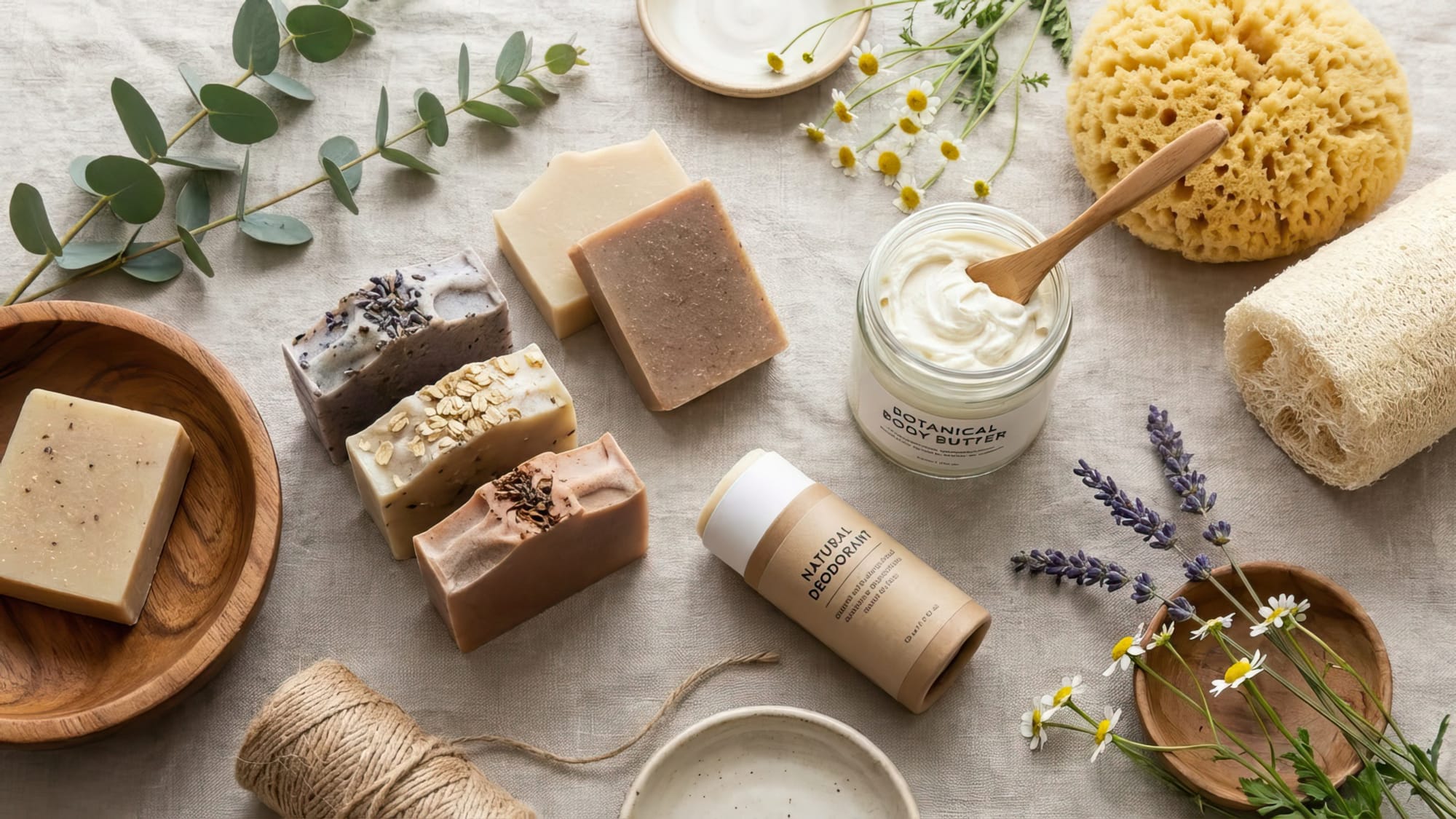 Flat lay or styled arrangement of natural body care products: bar soaps, body butter in a jar, natural deodorant, a loofah or natural sponge, and fresh herbs or flowers.