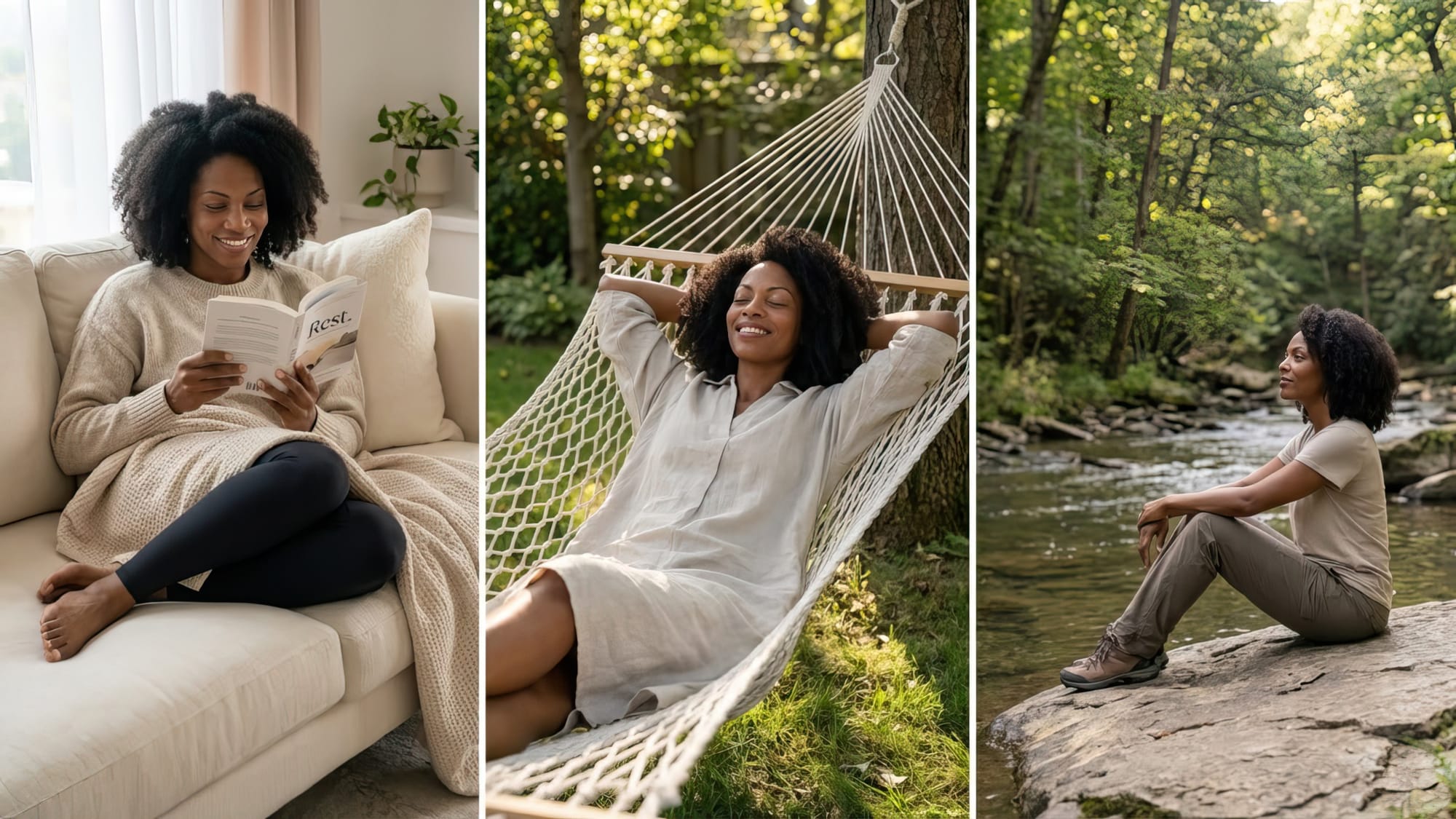 A black woman resting or relaxing guilt-free - reading a book, lying in a hammock, and or sitting peacefully in nature.