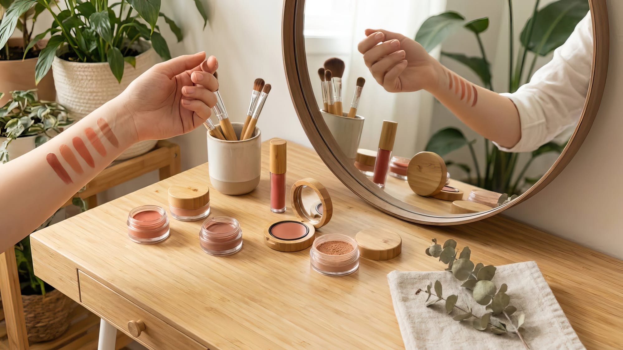 A makeup vanity or table displaying natural makeup products alongside makeup brushes and a mirror.