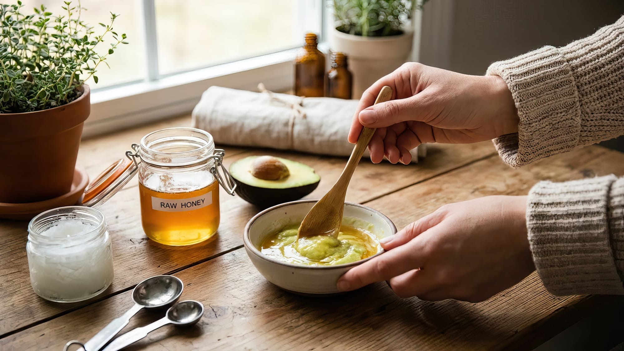 A woman's hands mixing ingredients in a small bowl for a DIY beauty recipe. Visible ingredients around the bowl like honey jar, avocado, coconut oil, with measuring spoons. 