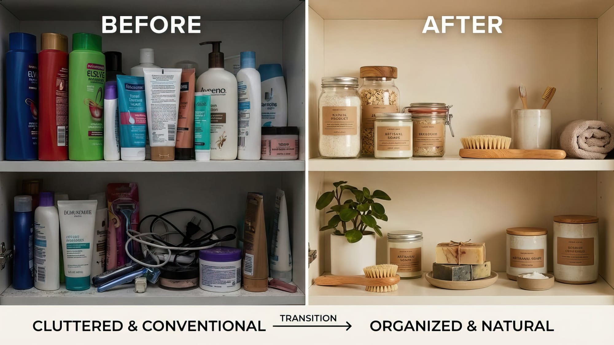 Split image or before/after style showing a cluttered bathroom shelf with conventional products on one side, and an organized, minimal shelf with curated natural products on the other side.