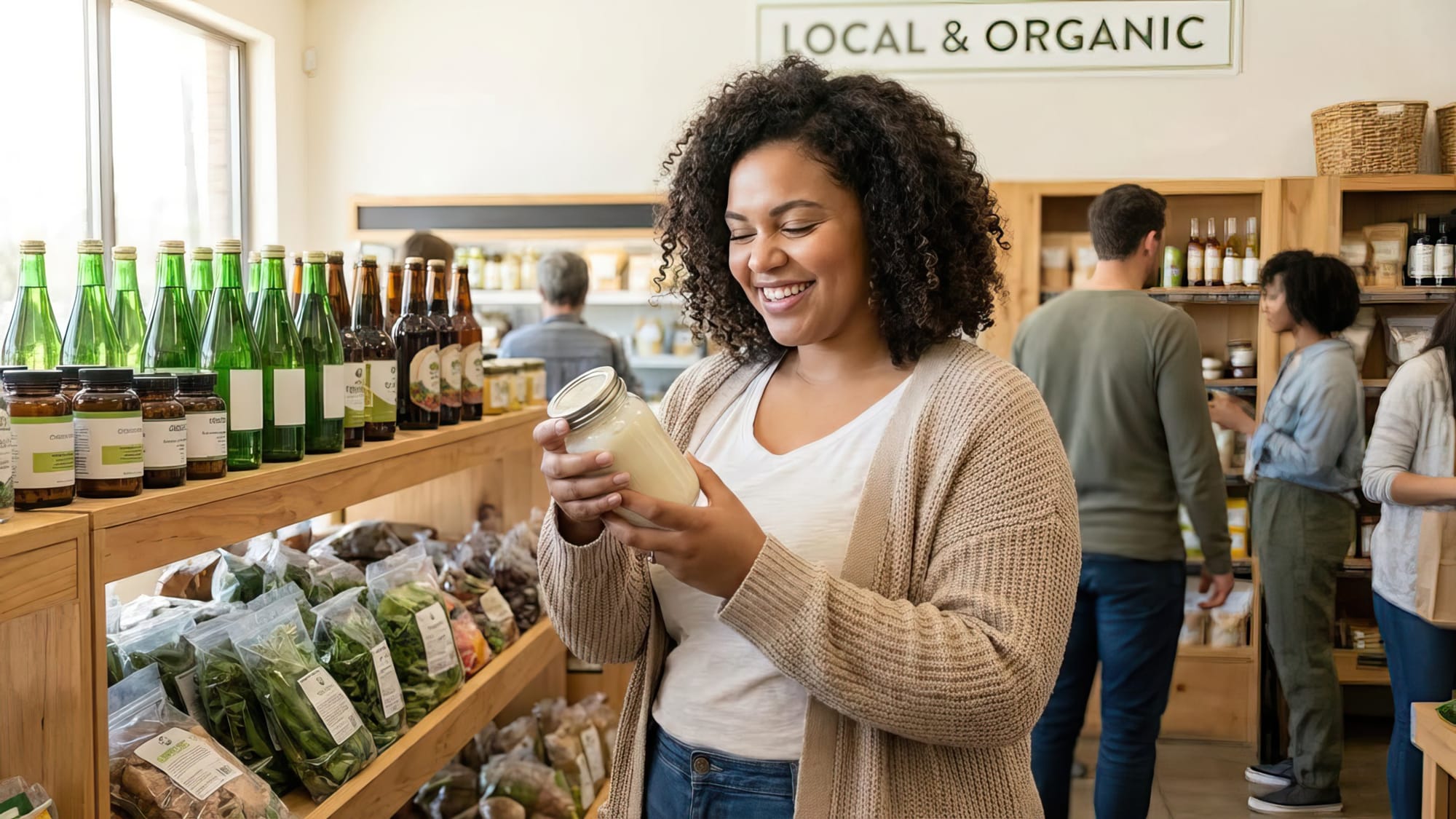 A pretty plus-size woman in her late 20’s shopping in a natural beauty or health food store, examining products on shelves.