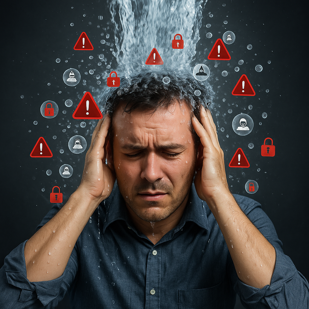 Photo of a stressed man with water pouring over his head. In the water are cybersecurity icons like warning signs, locks, and hacker masks, showing alert overload.