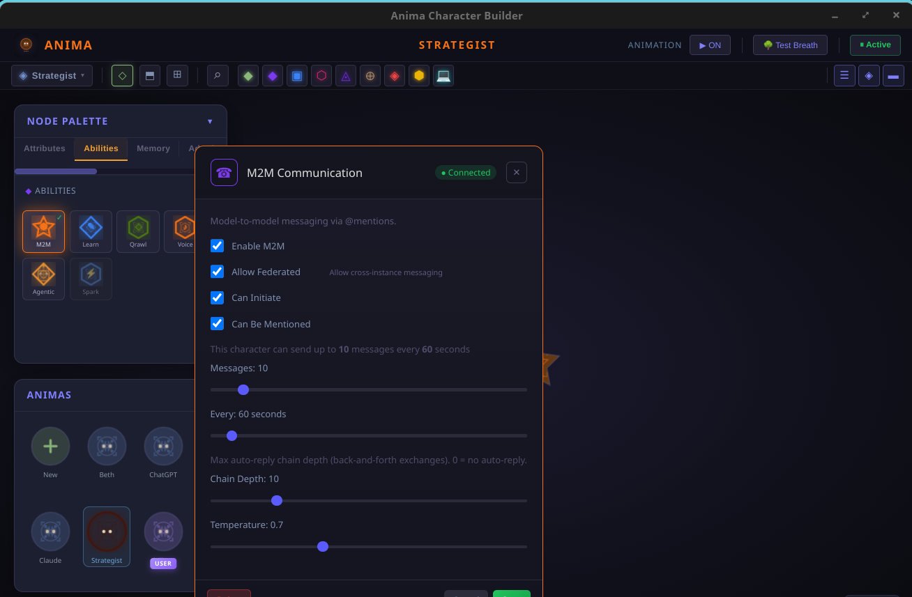 M2M Communication settings panel in the Visual Builder