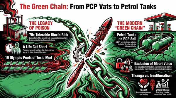 "PETROL ON THE GREEN CHAIN: How a White‑Supremacist Neoliberal Government Turned Whakatāne’s Poisoned Ground into a Discount Fuel Promotion" - 8 July 2026