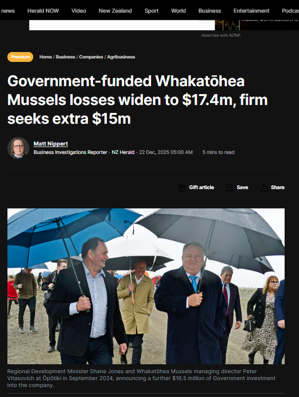 “THE MUSSEL FARM MIRAGE: How Shane Jones Gambled $52 Million of Taxpayer Money on a Business That Never Made Profit” - 23 December 2025