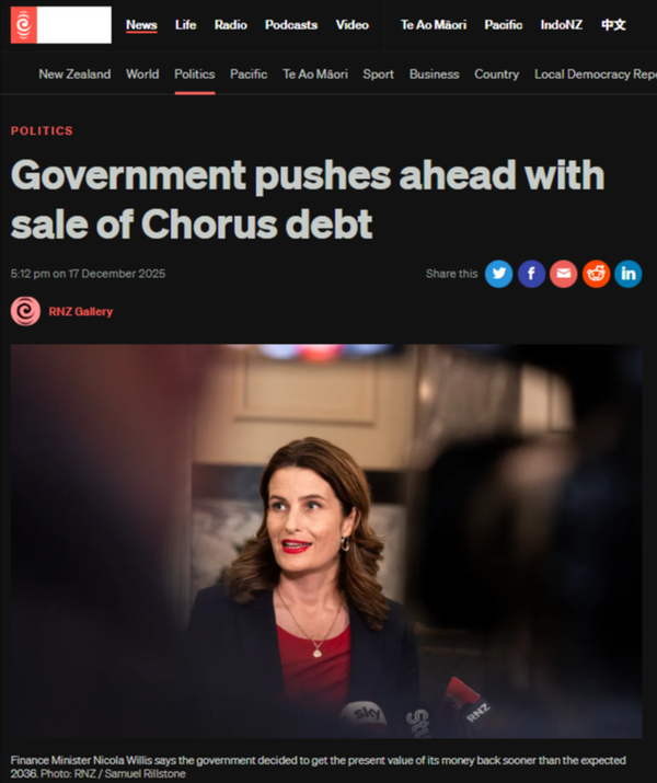 “The Chorus Debt Sale Exposes New Zealand’s Fiscal Failure” - 18 December 2025