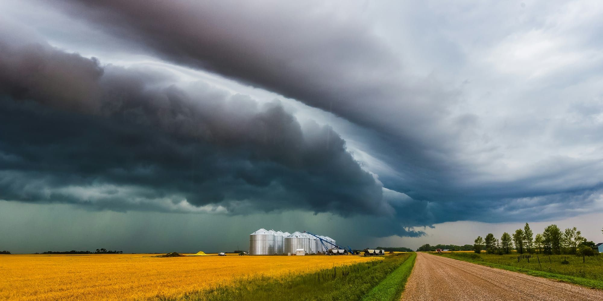Dark storm clouds roll over a golden wheat field toward a cluster of silver grain silos, with a gravel road and green trees on the right.