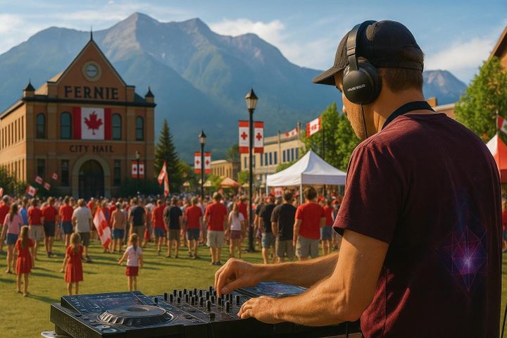 DJ performing at Fernie Canada Day celebration in front of City Hall, with Canadian flags and mountains in the background.
