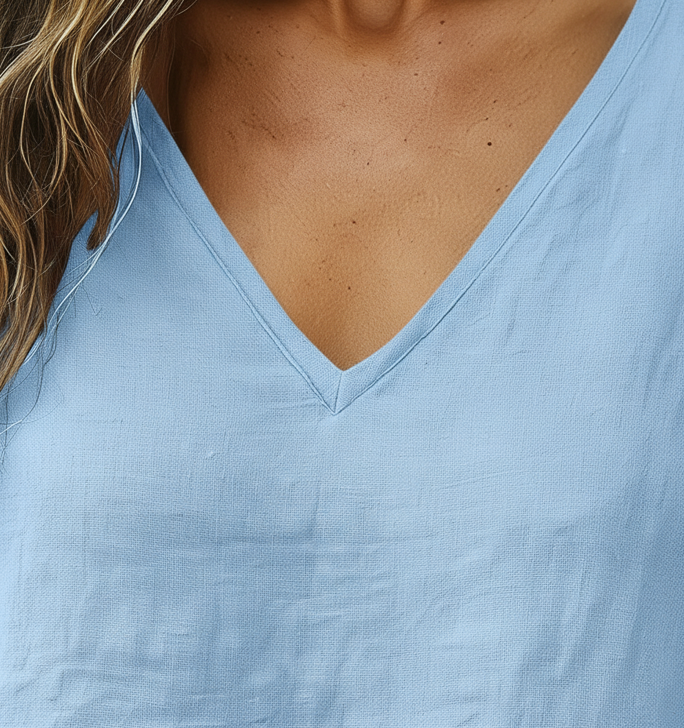 Sky Blue Linen V-Neck Top detail
