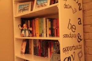 Obelix and serendipity Closer look at bookshelf, Obelix and graffiti