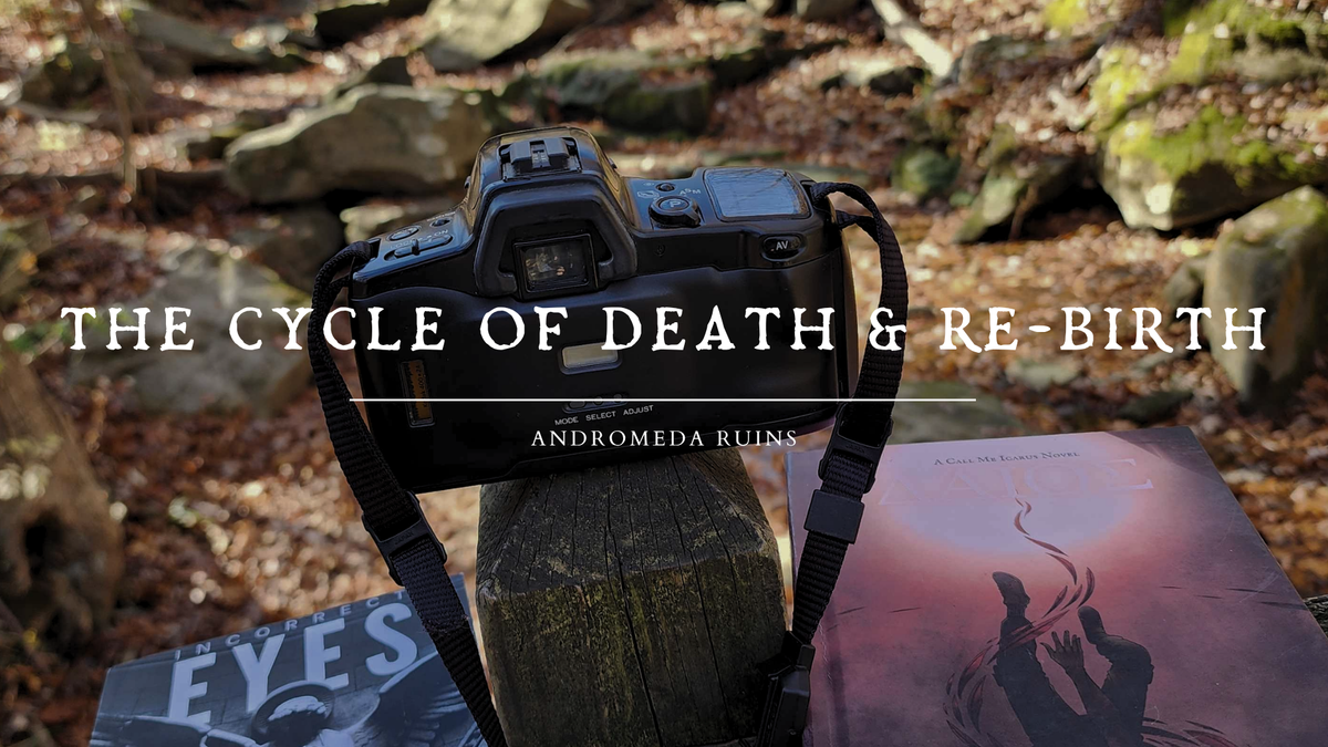 a photo of a film camera sitting on a wooden post with paperback copies of my books Incorrect Eyes and ΔΆΙΟΣ below them. The background of the image is Deer Lick Cave covered in fallen leaves