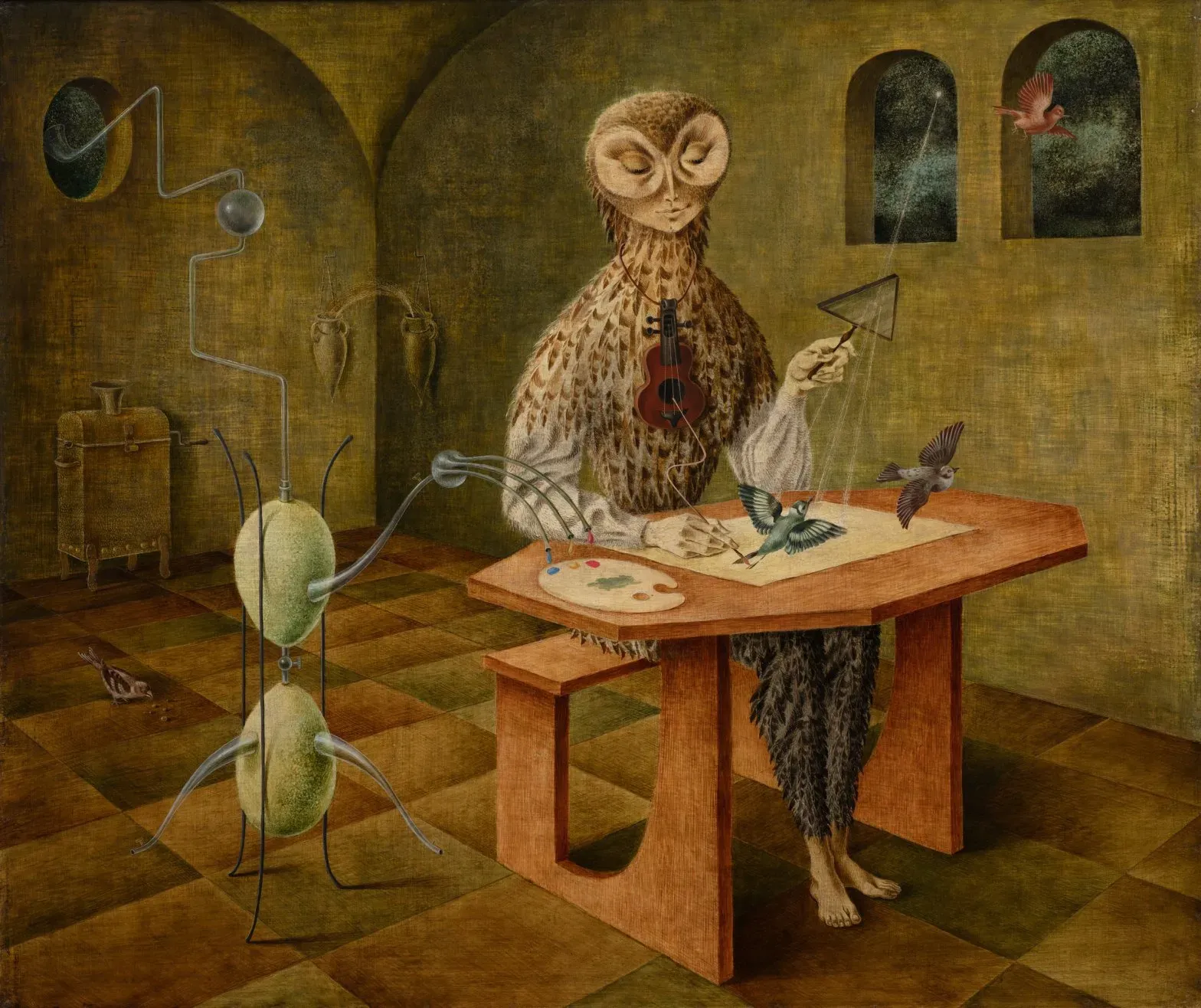 Remedios Varo, La creación de las aves — the artist-alchemist at her table, transforming light, music, and attention into living form.