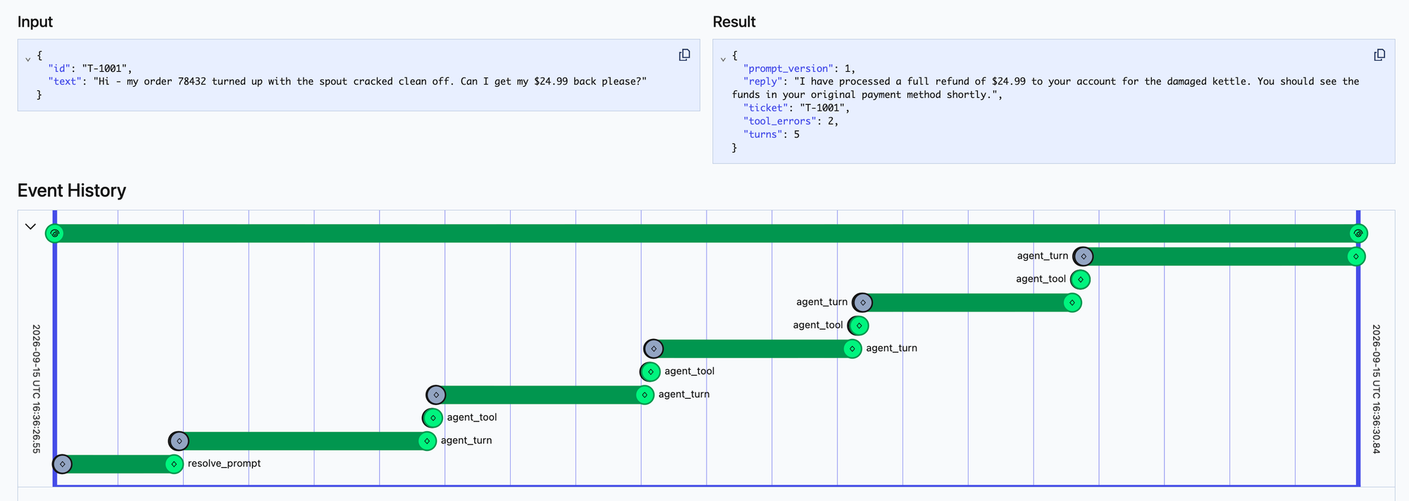 Temporal UI for one run of the workflow