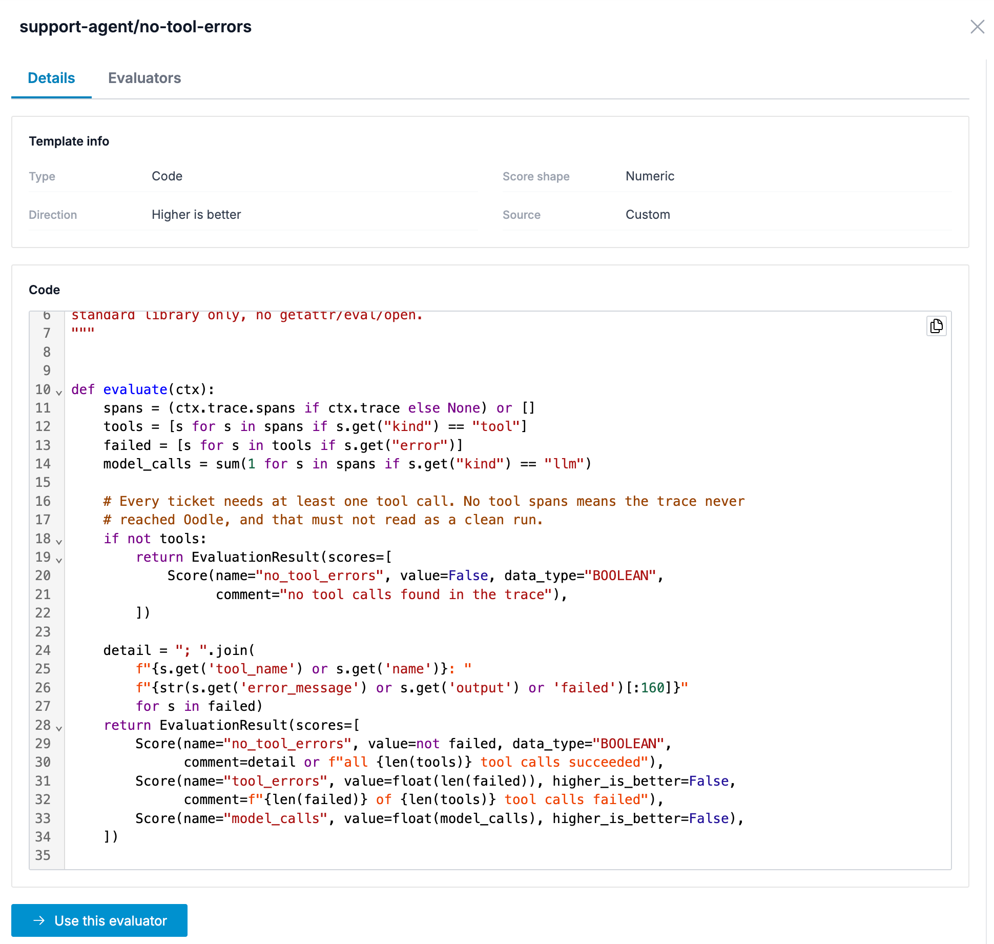 Code eval for evaluating no tool errors in traces