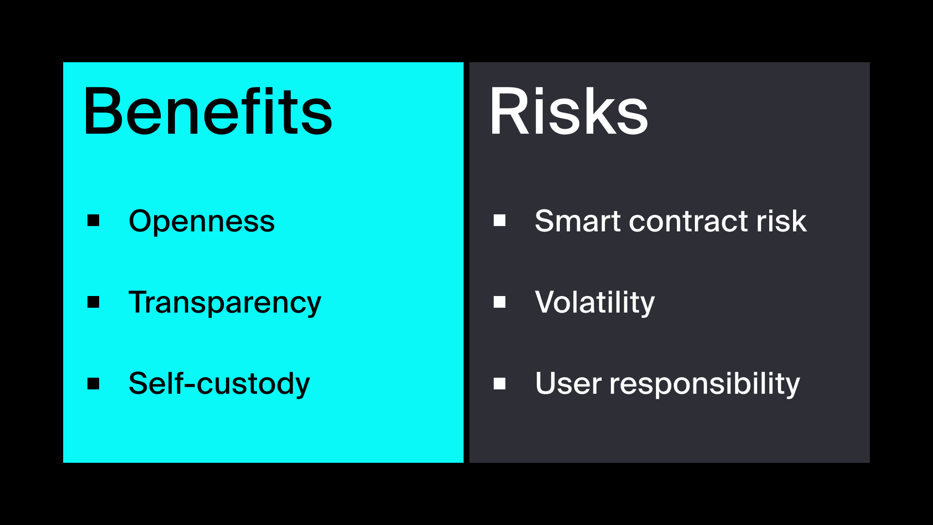 Infographic showing key benefits and risks of decentralized finance.