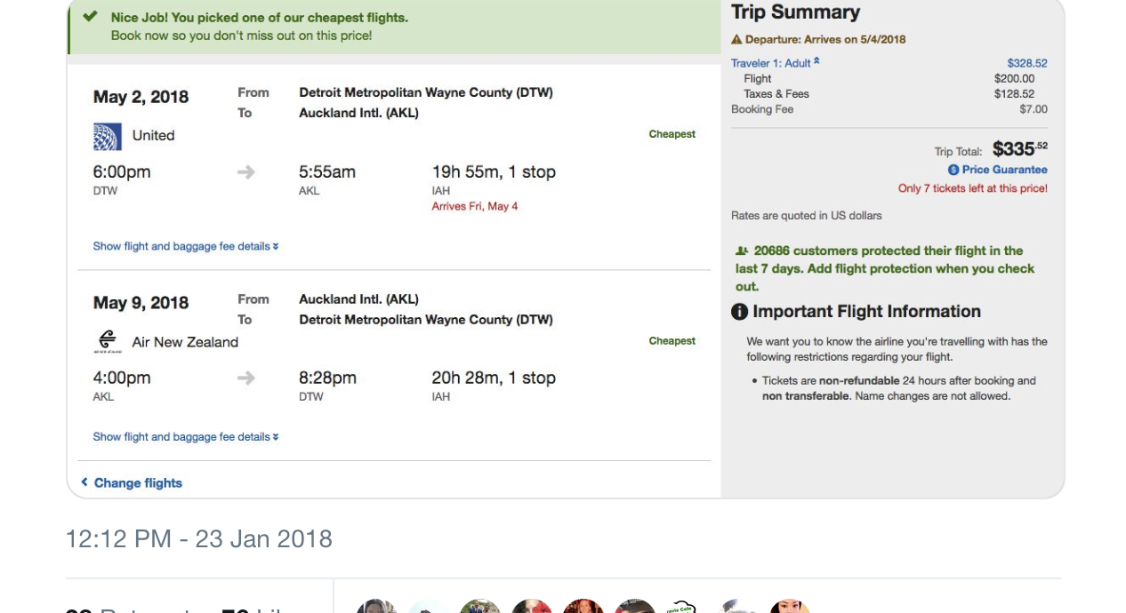 Screen shot showing an airline mistake fare/error fare price glitch on United Airlines to Auckland New Zealand for $335 round trip.