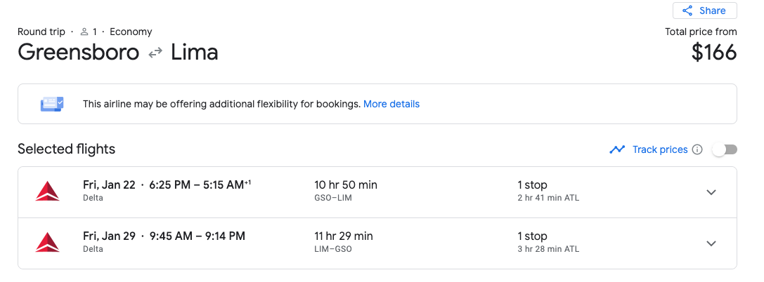 Airline Mistake Fare, or Error Fare showing a screen shot of cheap flight to Lima Peru for $166 on delta airlines departing from Atlanta 