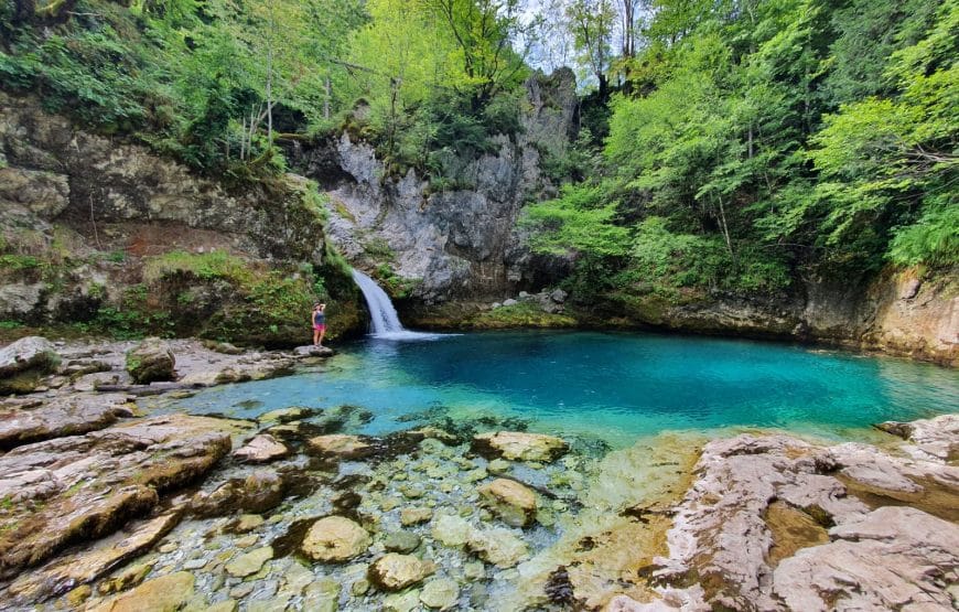 blue swimming hole with water fall surrounded by lush forrest at Blue Eye of Theth Waterfall in Albania