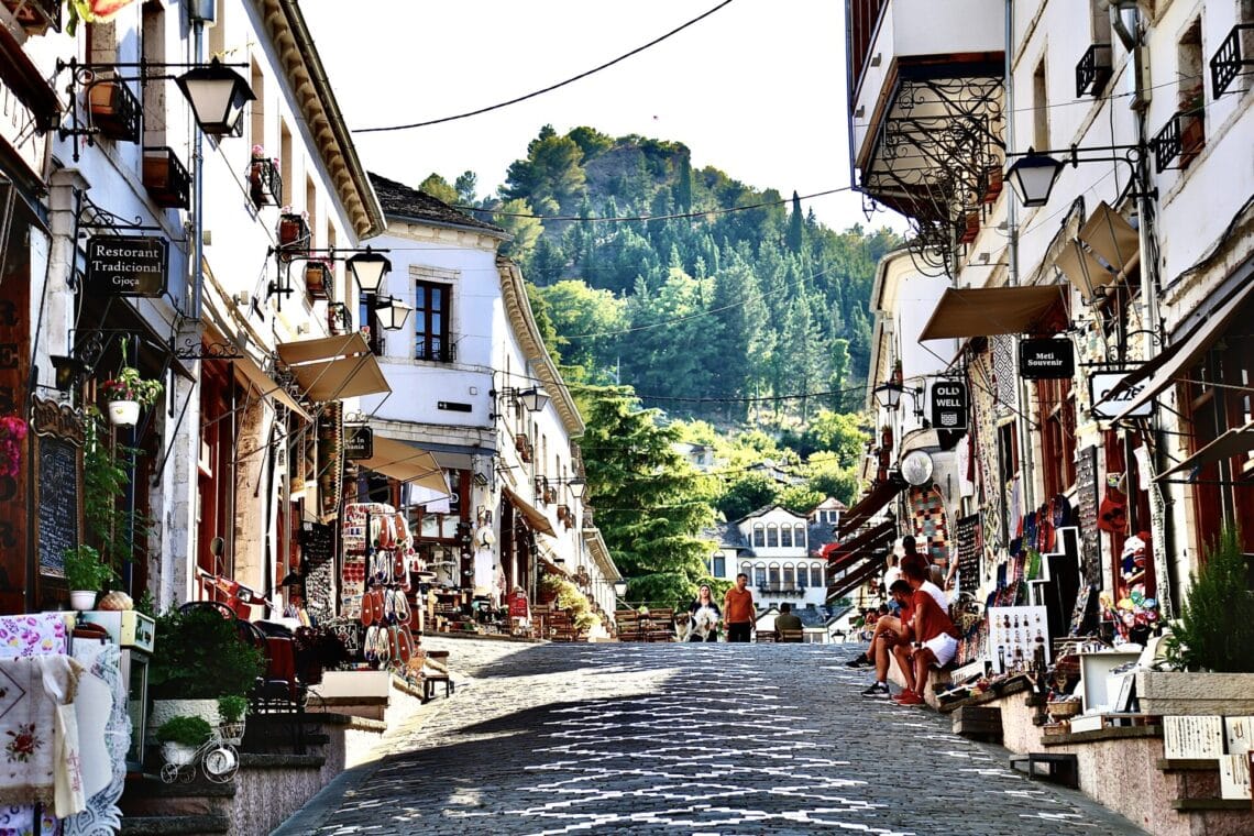 Businesses along a street in Gjirokastër Albanian 