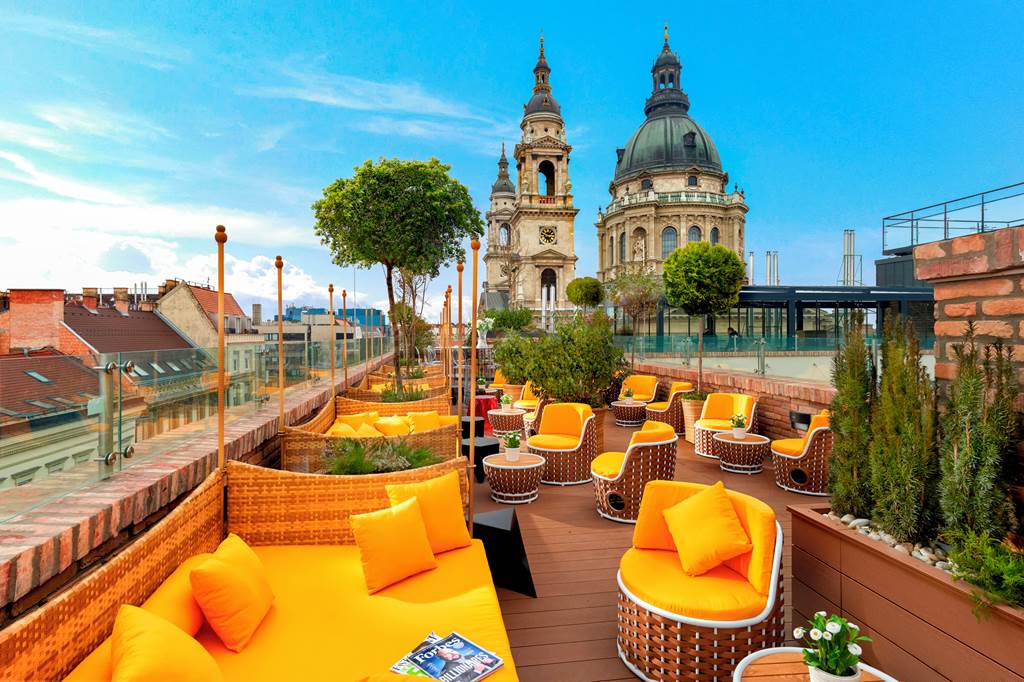 Roof top bar and cafe at the Aria Hotel Budapest with great view of the city. 