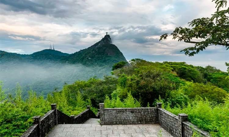 Tijuca National Park with a view of Christ the Redeemer at the top of a mountain.