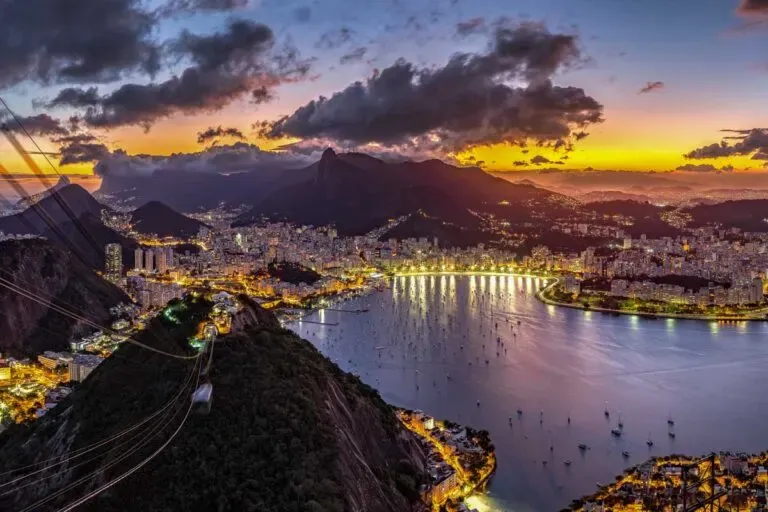 Cable car that leads to Sugarloaf Mountain overlooking Rio de Janeiro at sunset.