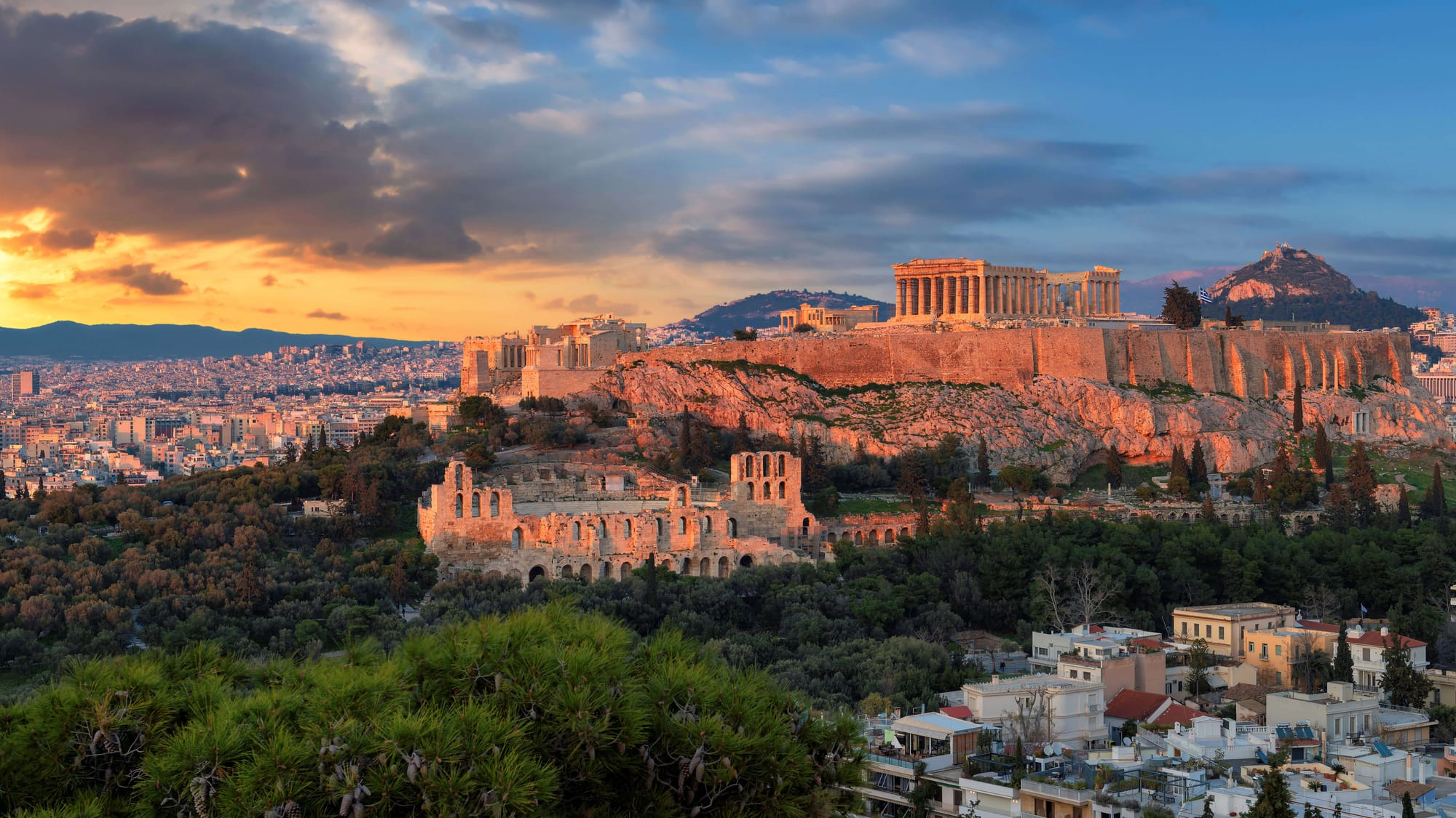 An ariel view of Athens, Greece with an amazing view of the rock formation Areopagus,