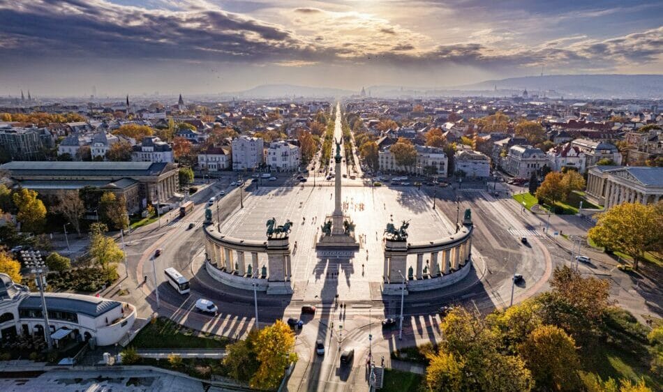 Ariel view of Millennium Monument at the end of Andrassy Avenue at Heroes' Square.
