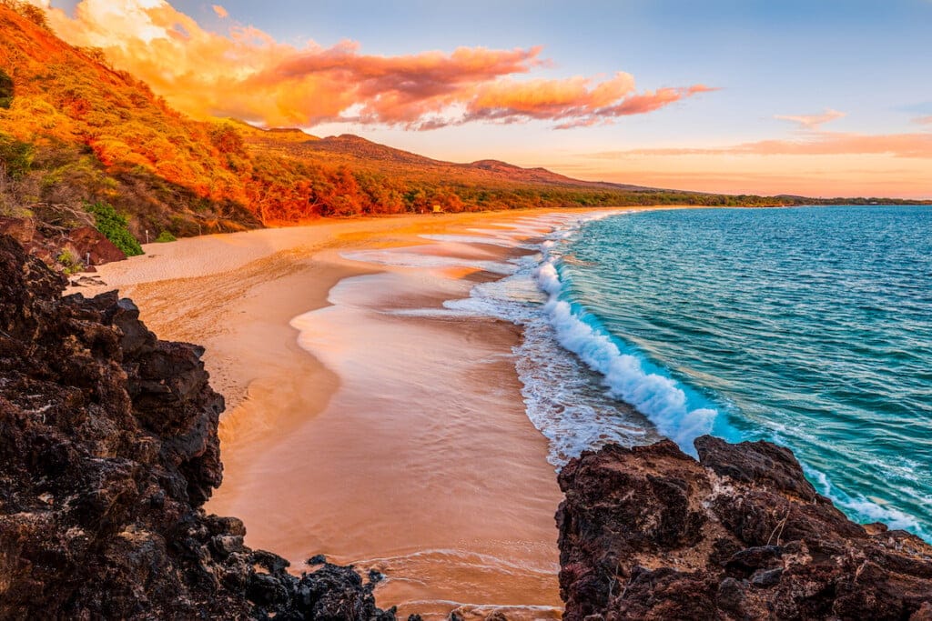 Views of a beach at sunset in Maui, Hawaii