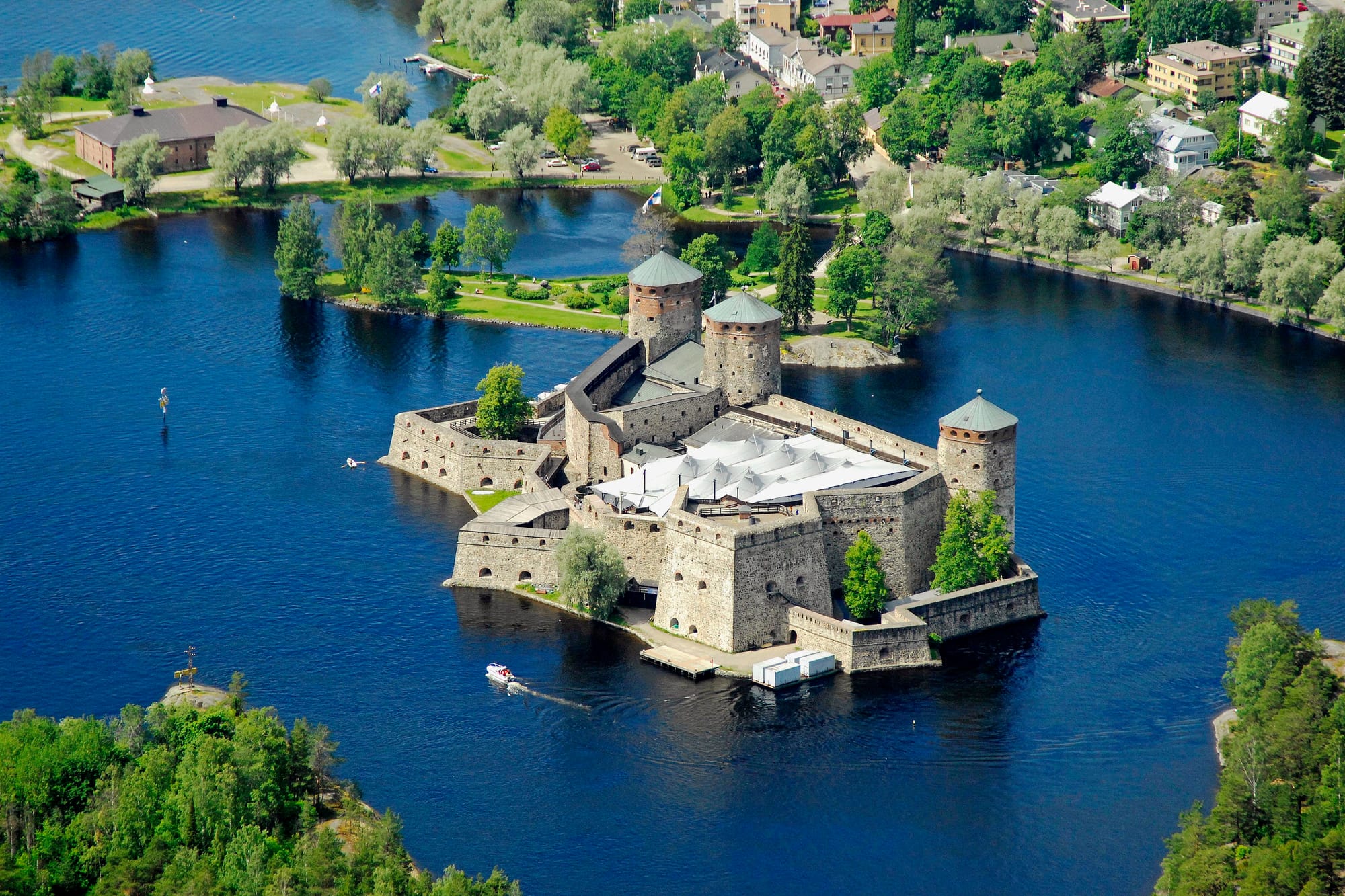 Ariel view of Olavinlinna Castle in Savonlinna Finland