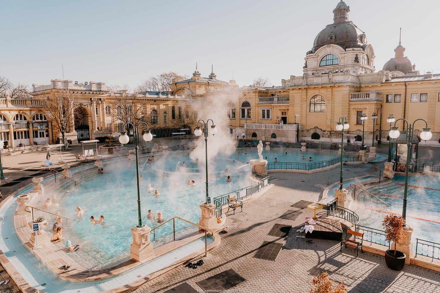 Ariel view of people relaxing in water at the Széchenyi Thermal Bath.