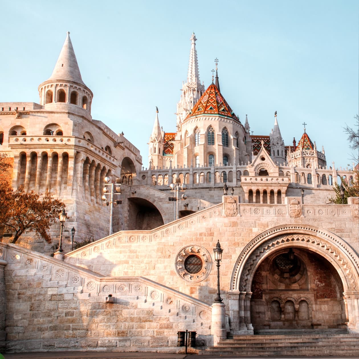 Stairs going up multiple levels of Fisherman's Bastion in Budapest.