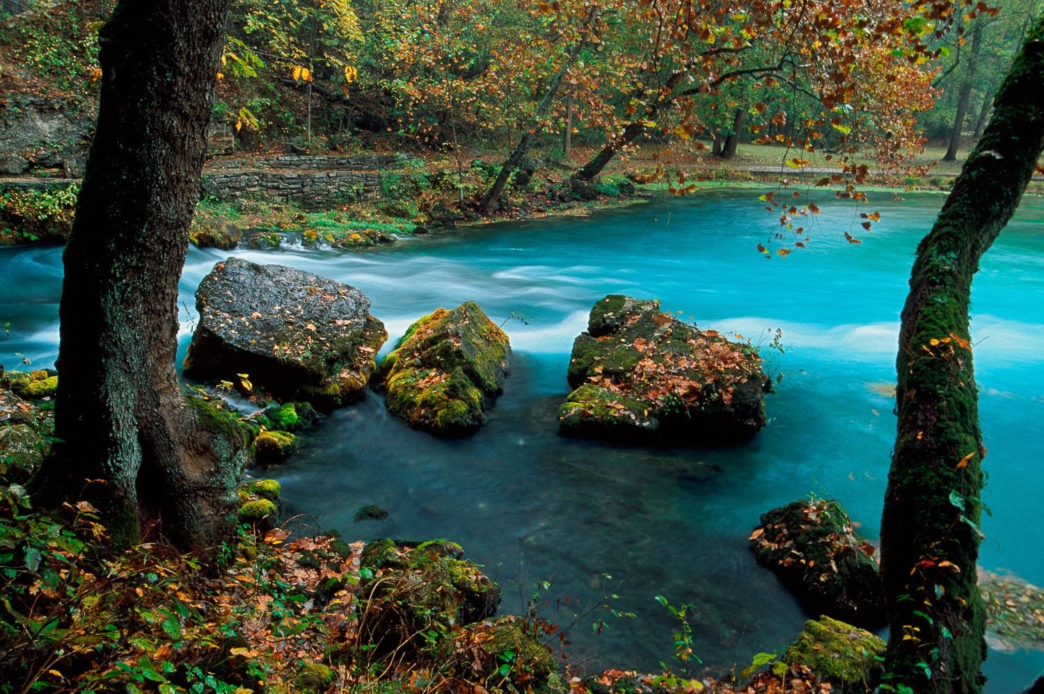 Big Spring in Van Buren, Mo where he spring is i's widest and round with blue cold water and three very large mossy rocks are near the bank. 