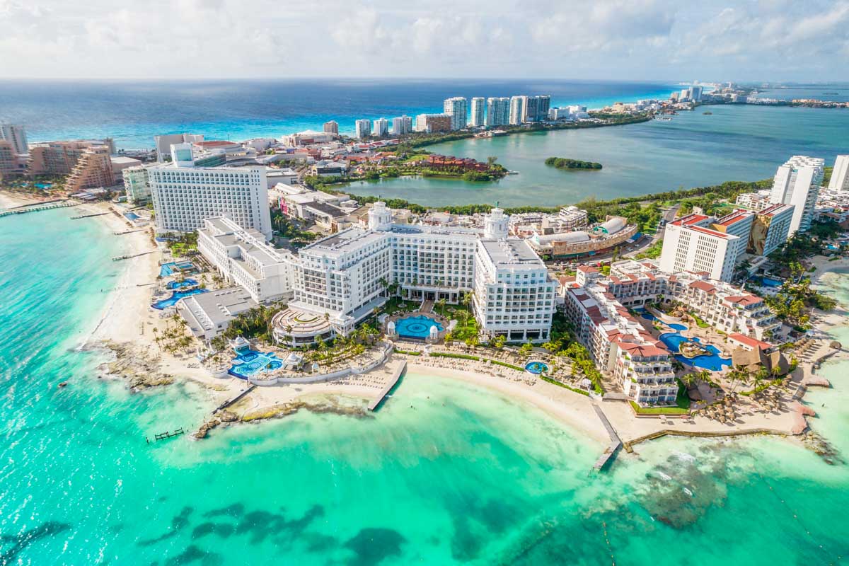 Ariel view of the beach resorts in Cancun, Mexico. 