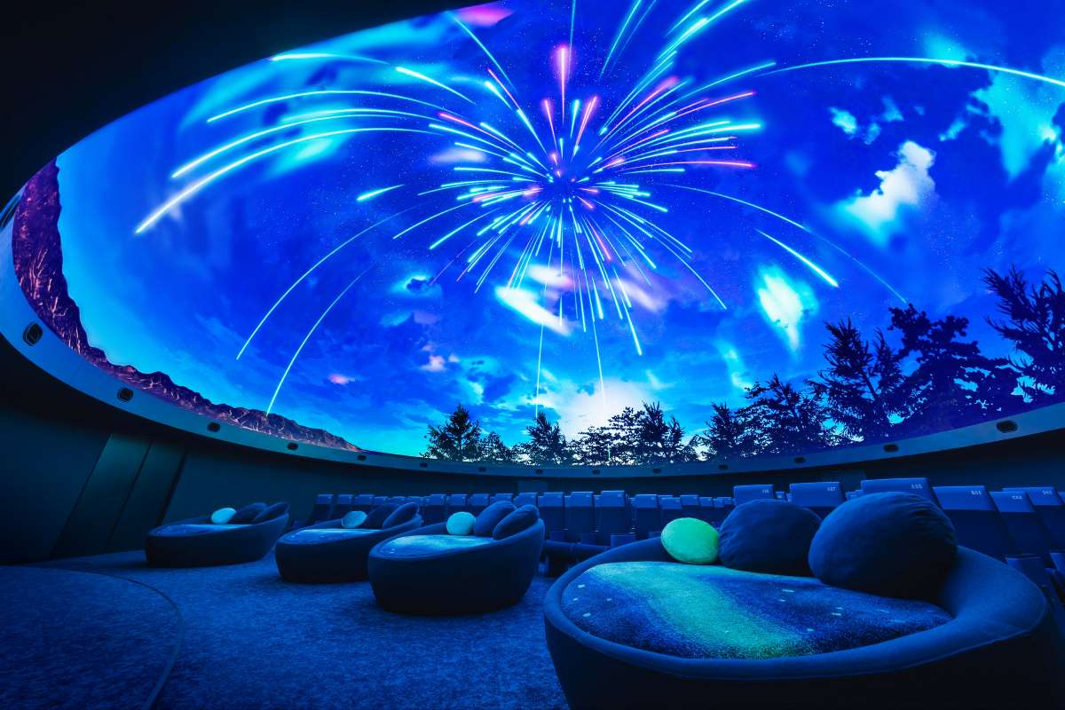 A dome that appears to be LED or some type of monitor that is displaying different outdoor images, making it feel as if you're outside at the Osaka science museum. 