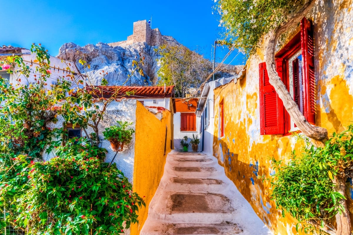 Stairs leading up to Anafiotikaute, a cute Greek neighborhood in Athens.