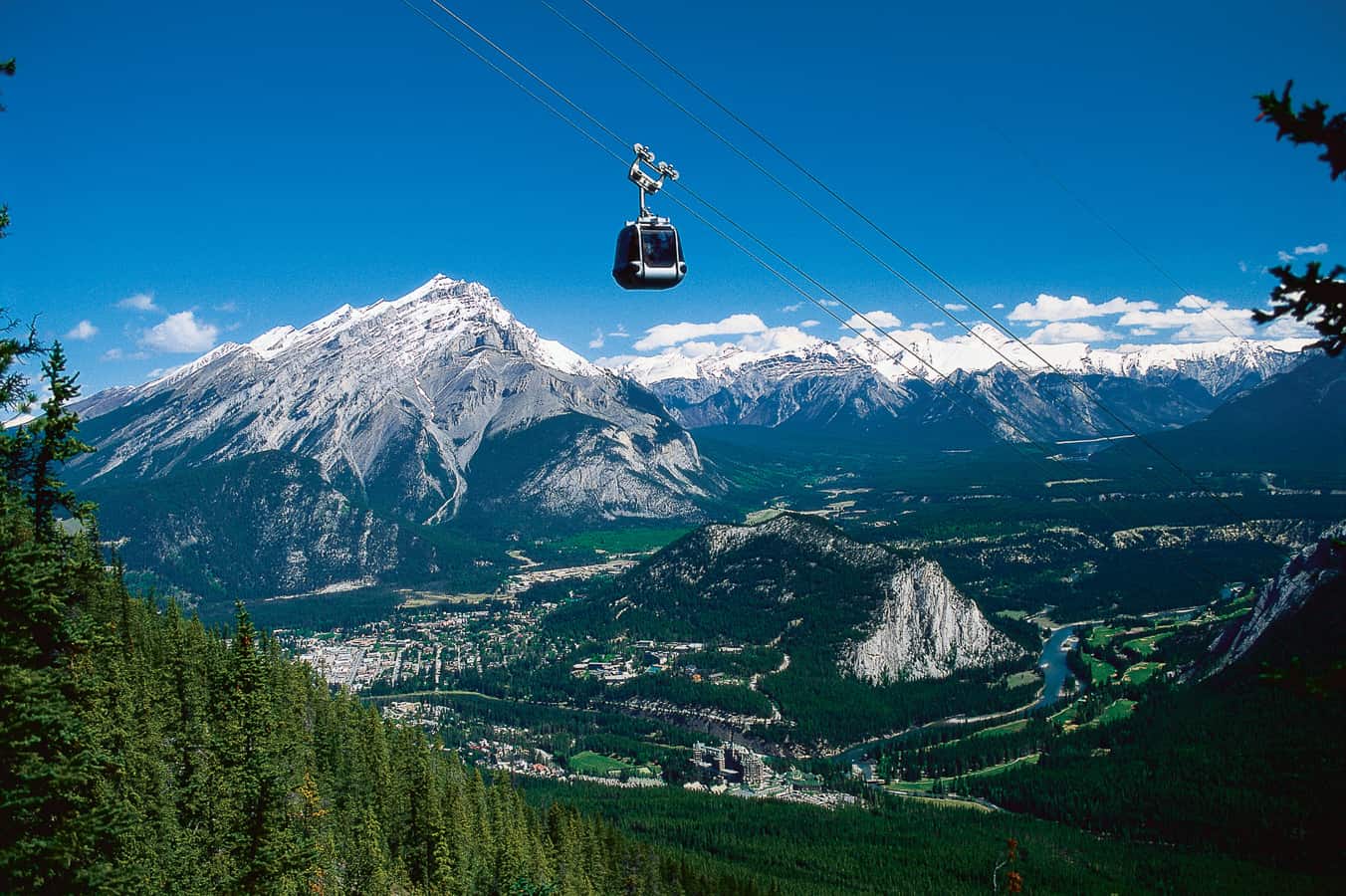Banff Gondola on a cable carrying people to the bottom.